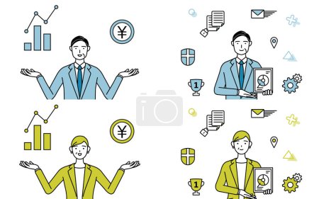 Simple line drawing of man and woman in suits(Middle-aged, president, supervisor), business improvement set in DX