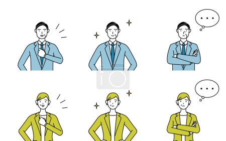 Illustration for Simple line drawing of man and woman in suits(Middle-aged, president, supervisor), set with hands crossed in distress and chest beating or chest outstretched - Royalty Free Image