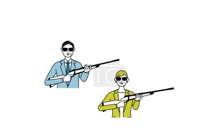 Téléchargez les illustrations : Dessin au trait simple de l'homme et de la femme en costume (d'âge moyen, président, superviseur), sniper portant des lunettes de soleil et tenant un fusil - en licence libre de droit