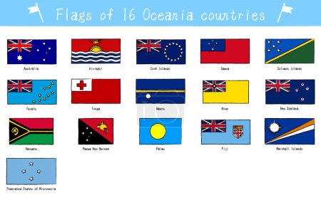 Illustration for Flags of the world, set of 16 countries of Oceania, hand-painted style, Vector Illustration - Royalty Free Image