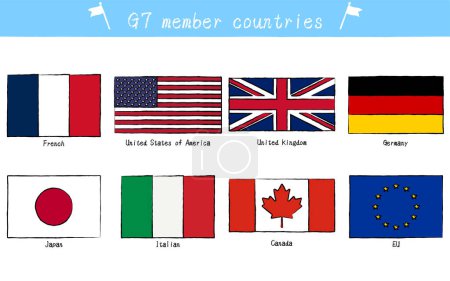 Conjunto de banderas de los países miembros del G7, estilo pintado a mano, ilustración vectorial