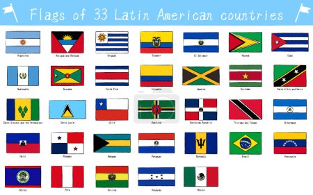 Illustration for Flags of the world, set of 33 countries of Latin America, hand-painted style - Royalty Free Image