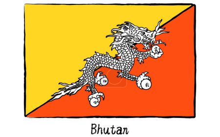 Bandera mundial dibujada a mano analógica, Bután, Ilustración vectorial