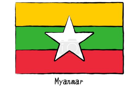 Bandera mundial dibujada a mano analógica, Myanmar, Vector Illustration