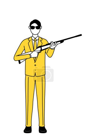 Simple line drawing illustration of a businessman in a suit wearing sunglasses and holding a rifle.