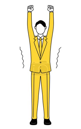 Simple line drawing illustration of a businessman in a suit stretching and standing tall.