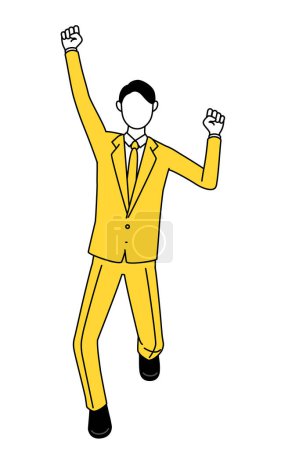 Simple line drawing illustration of a businessman in a suit smiling and jumping.