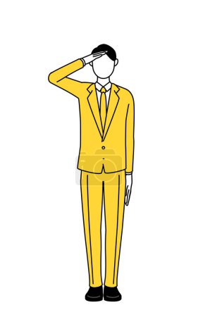 Simple line drawing illustration of a businessman in a suit making a salute.