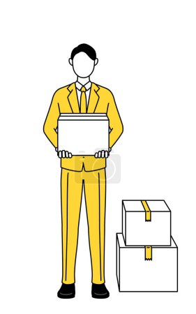 Simple line drawing illustration of a businessman in a suit holding a cardboard box.
