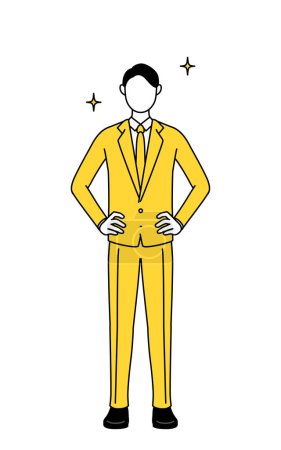 Einfache Zeichenillustration eines Geschäftsmannes im Anzug mit den Händen auf den Hüften.