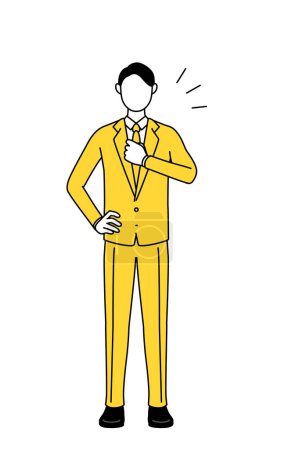 Einfache Linienzeichnung illustriert einen Geschäftsmann im Anzug, der sich auf die Brust klopft.