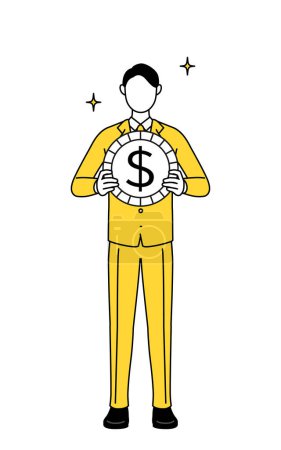 Illustration simple d'un homme d'affaires en costume, avec des images de gains de change et d'appréciation du dollar.