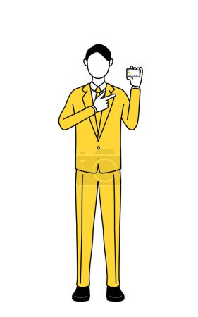 Simple line drawing illustration of a businessman in a suit recommending credit card payment.