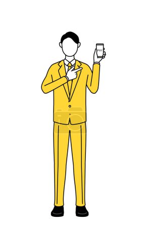 Simple line drawing illustration of a businessman in a suit recommending cashless online payments on a smartphone.