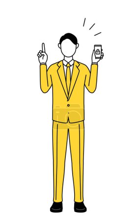 Einfache Linienzeichnung Illustration eines Geschäftsmannes in einem Anzug, der Sicherheitsmaßnahmen für sein Telefon ergreift.