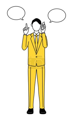 Simple line drawing illustration of a businessman in a suit pointing while on the phone.