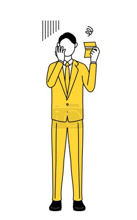 Simple line drawing illustration of a businessman in a suit looking at his bankbook and feeling depressed.