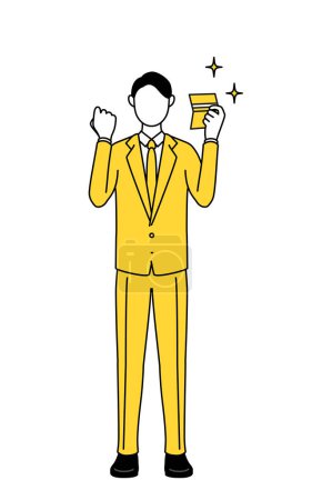 Simple line drawing illustration of a businessman in a suit who is pleased to see a bankbook.