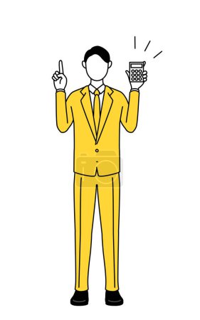 Einfache Linienzeichnung Illustration eines Geschäftsmannes im Anzug, der einen Taschenrechner in der Hand hält und zeigt.