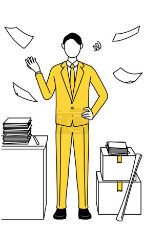 Einfache Linienzeichnung Illustration eines Geschäftsmannes im Anzug, der genug hat von seinem unorganisierten Geschäft.