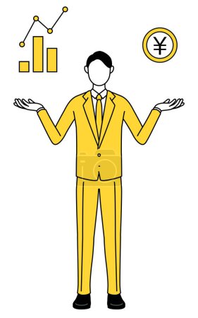 Einfache Linienzeichnung Illustration eines Geschäftsmannes in einem Anzug, der ein Bild von DXing, Leistung und Verkaufsverbesserung anleitet.
