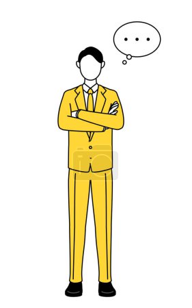 Simple line drawing illustration of a businessman in a suit,arms crossed,thinking.