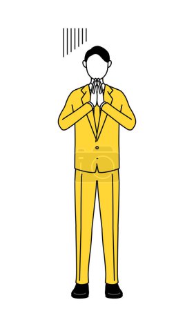 Simple line drawing illustration of a businessman in a suit apologizing with his hands in front of his body.