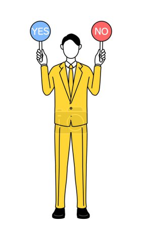 Simple line drawing illustration of a businessman in a suit holding a stick indicating correct and incorrect answers.