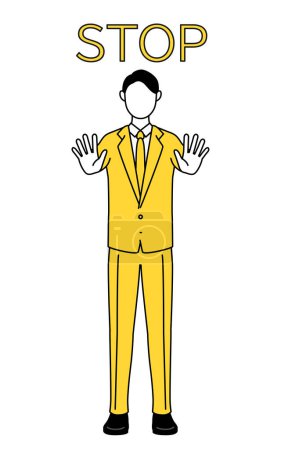 Simple line drawing illustration of a businessman in a suit with his hand out in front of his body,signaling a stop.