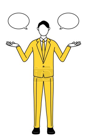 Simple line drawing illustration of a businessman in a suit with wipeout and comparison.