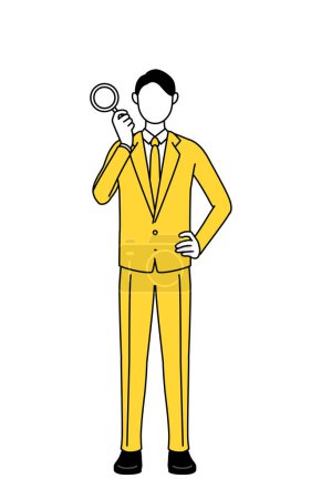 Simple line drawing illustration of a businessman in a suit looking through magnifying glasses