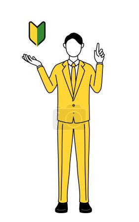 Simple line drawing illustration of a businessman in a suit showing the symbol for young leaves.