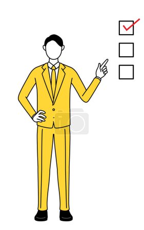 Dibujo de línea simple ilustración de un hombre de negocios en un traje que apunta a una lista de verificación.