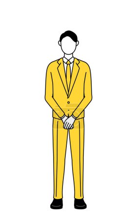 Simple line drawing illustration of a businessman in a suit with his hands folded in front of his body.