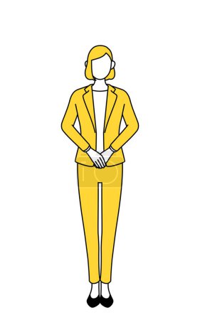 Simple line drawing illustration of a businesswoman in a suit lightly bowing.