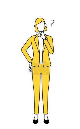 Einfache Linienzeichnung Illustration einer Geschäftsfrau im Anzug mit Fragen.
