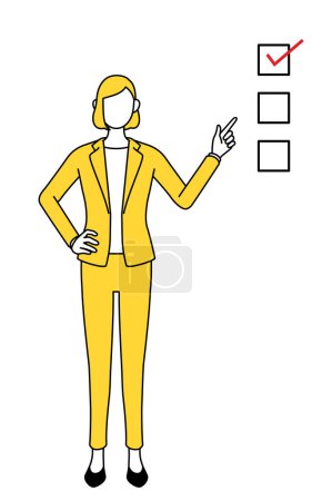 Dibujo de línea simple ilustración de una mujer de negocios en un traje que apunta a una lista de verificación.