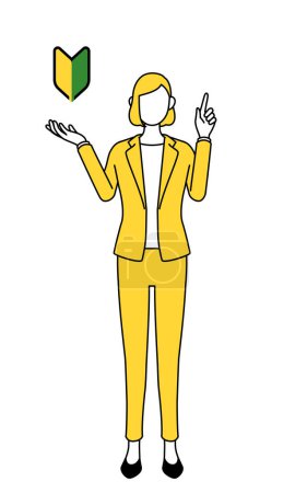 Simple line drawing illustration of a businesswoman in a suit showing the symbol for young leaves.