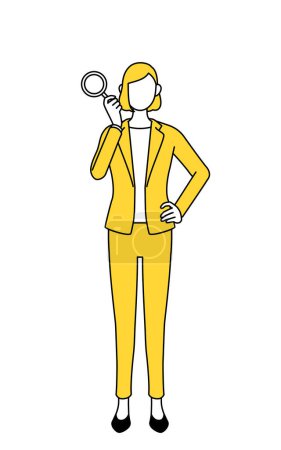 Simple line drawing illustration of a businesswoman in a suit looking through magnifying glasses
