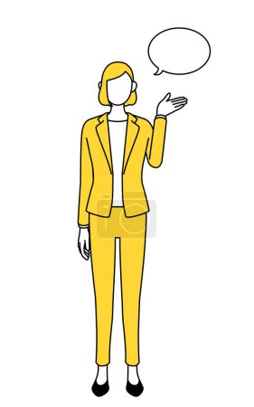 Simple line drawing illustration of a businesswoman in a suit giving directions,with a wipeout.