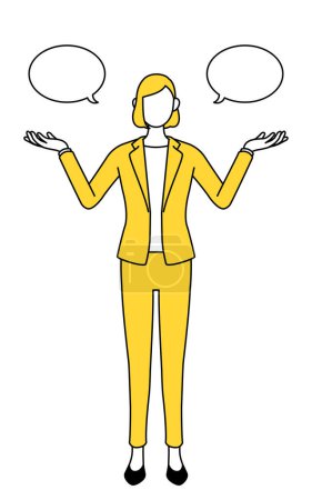 Simple line drawing illustration of a businesswoman in a suit with wipeout and comparison.