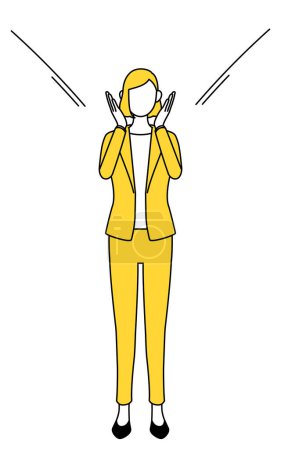Einfache Linienzeichnung Illustration einer Geschäftsfrau im Anzug, die mit der Hand über dem Mund ruft.