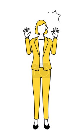 Simple line drawing illustration of a businesswoman in a suit raising his hand in surprise.