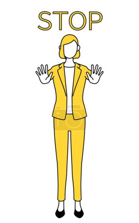 Dibujo de línea simple ilustración de una mujer de negocios en un traje con su mano en frente de su cuerpo, señalando una parada.