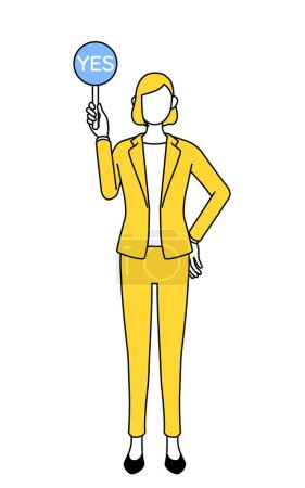 Simple line drawing illustration of a businesswoman in a suit holding a malleable stick that shows the correct answer.