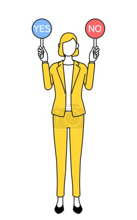 Einfache Linienzeichnung Illustration einer Geschäftsfrau in einem Anzug, die einen Stab hält, der richtige und falsche Antworten anzeigt.