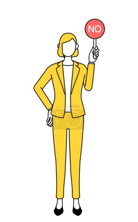 Einfache Linienzeichnung Illustration einer Geschäftsfrau in einem Anzug, die einen Stab von Aber hält, der auf falsche Antworten hinweist.