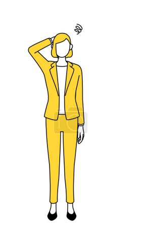 Einfache Linienzeichnung Illustration einer Geschäftsfrau im Anzug, die sich in Bedrängnis am Kopf kratzt.