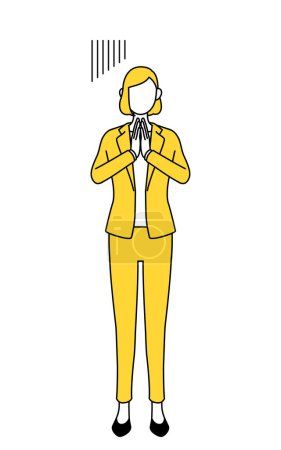 Dibujo de línea simple ilustración de una mujer de negocios en un traje disculpándose con las manos delante de su cuerpo.