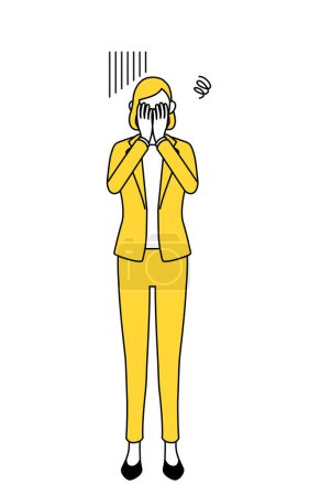 Simple line drawing illustration of a businesswoman in a suit covering his face in depression.
